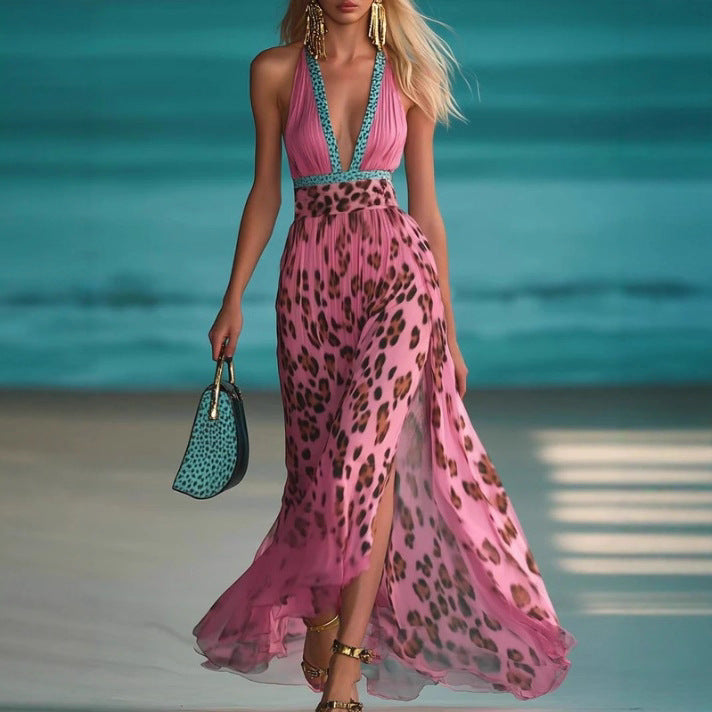 Damen nan Maxikleid mit tiefem V-Ausschnitt, geflochtenem Halter, Leopardenprint, plissiertem Chiffonrock und seitlichem Beinschlitz R&B