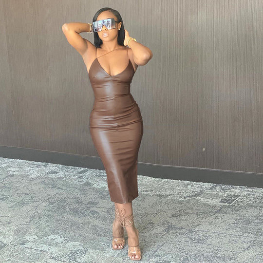 Damen Figurnahes Lederkleid mit Spaghettiträgern und schickem Schlitz R&B