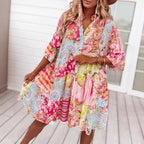 Damen nan Luftiges Stufenkleid im Patchwork-Boho-Stil mit Stehkragen, geraffter Taillennaht und Dreiviertelärmeln R&B