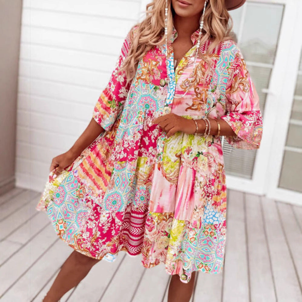 Damen nan Luftiges Stufenkleid im Patchwork-Boho-Stil mit Stehkragen, geraffter Taillennaht und Dreiviertelärmeln R&B