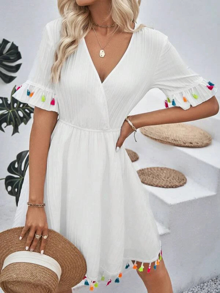 Damen Sommerkleid mit verspielten Volants und bunten Quasten R&B