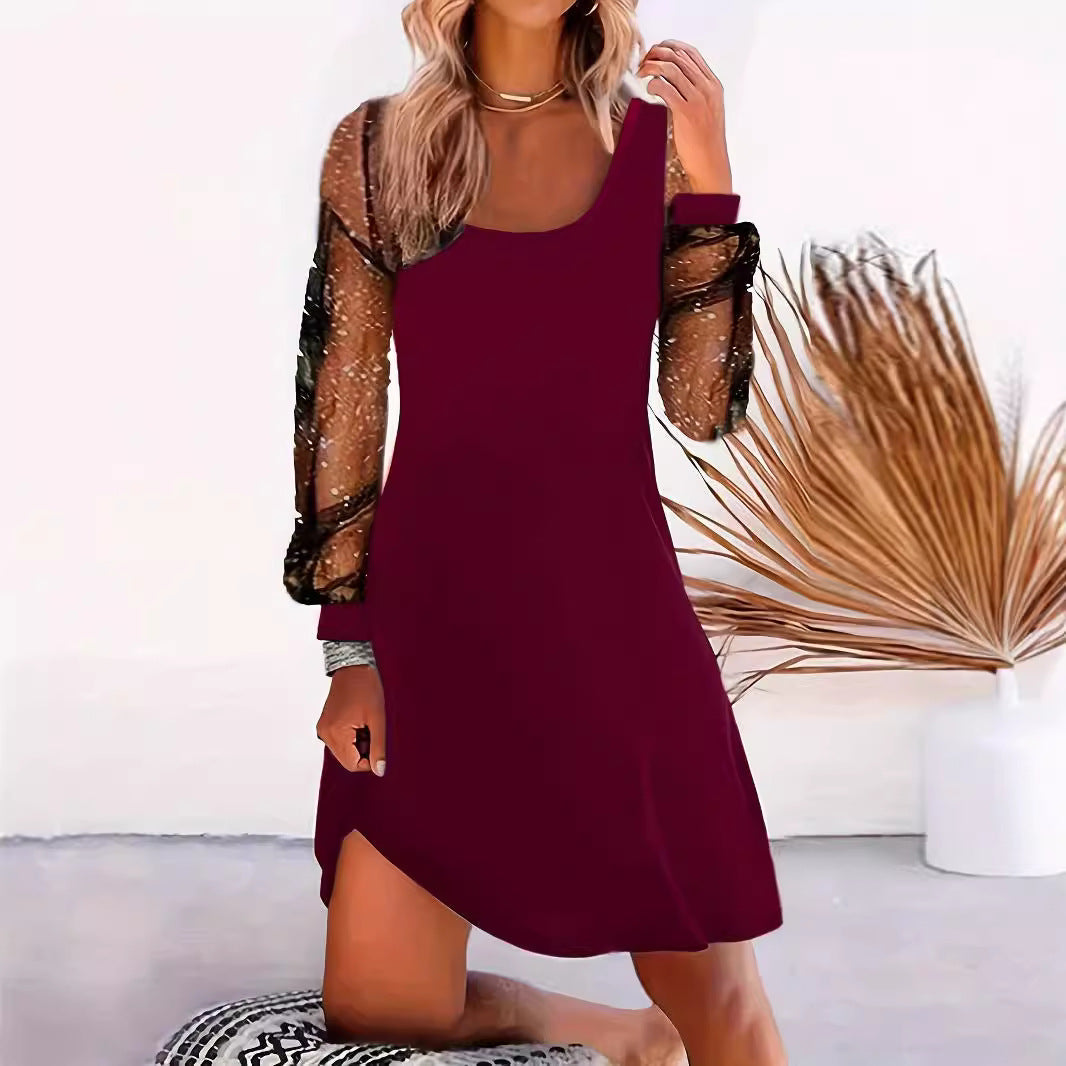 Damen Midi-Kleid mit transparenten Puffärmeln und eleganter Silhouette R&B