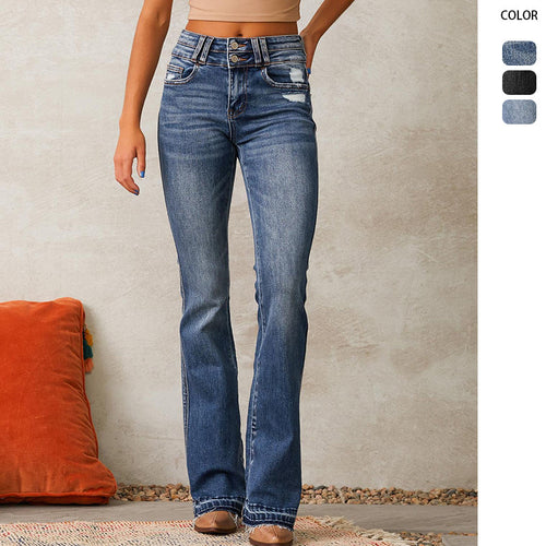 Damen Flared Jeans mit hohem Bund und modischem Destroyed-Effekt R&B