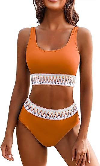 Damen Hochgeschnittener Sport-Bikini mit farbigem Bund R&B