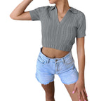 Damen Kurzarm-Pullover mit V-Ausschnitt und edler Kabelmusterstruktur R&B