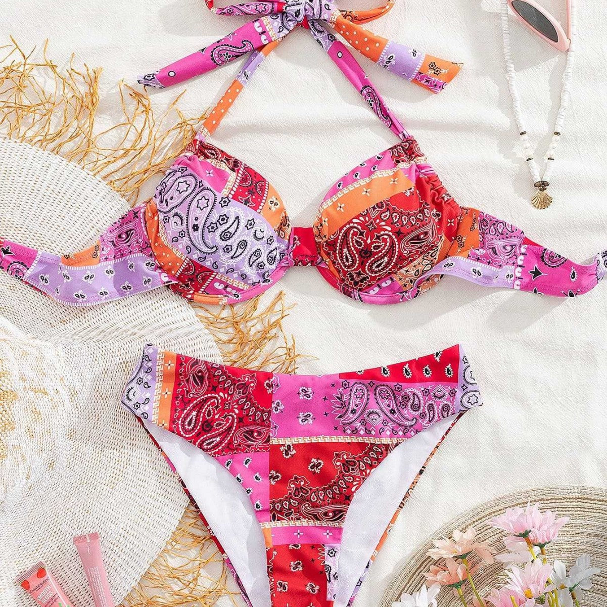 Damen Triangel-Bikini mit verstellbarem Unterteil und einzigartigem Muster R&B