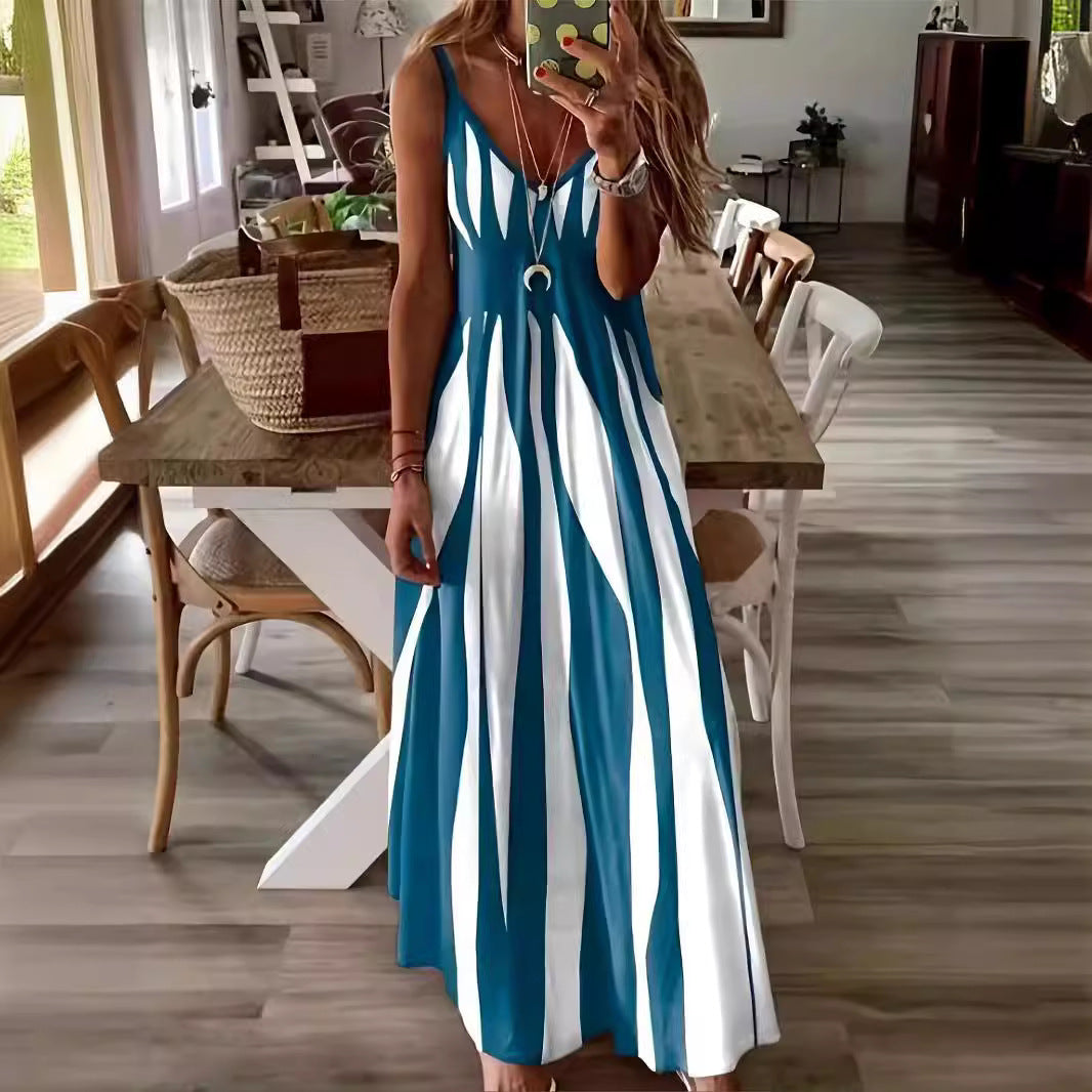 Damen Maxikleid mit raffiniertem Streifenmuster und tiefem V-Ausschnitt R&B