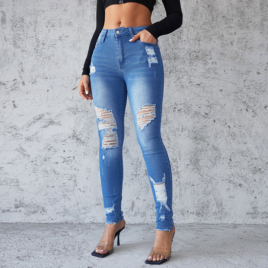 Damen Skinny Jeans im trendigen Destroyed-Design mit hoher Taille R&B