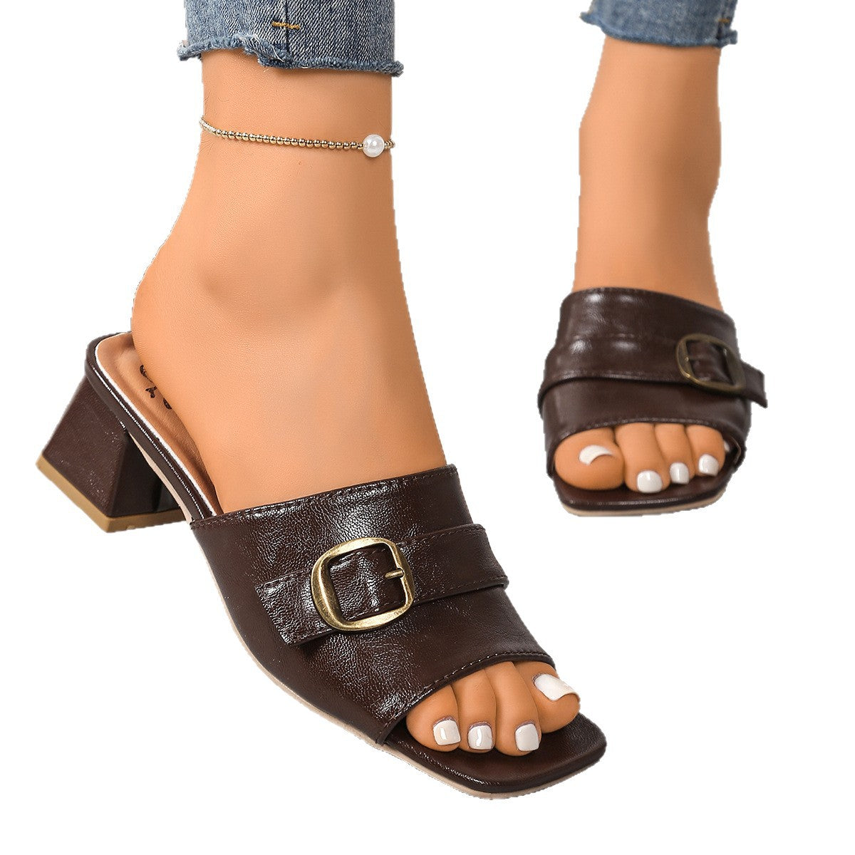 Damen offene Mules mit eleganter Schnallenverzierung und komfortablem Blockabsatz R&B