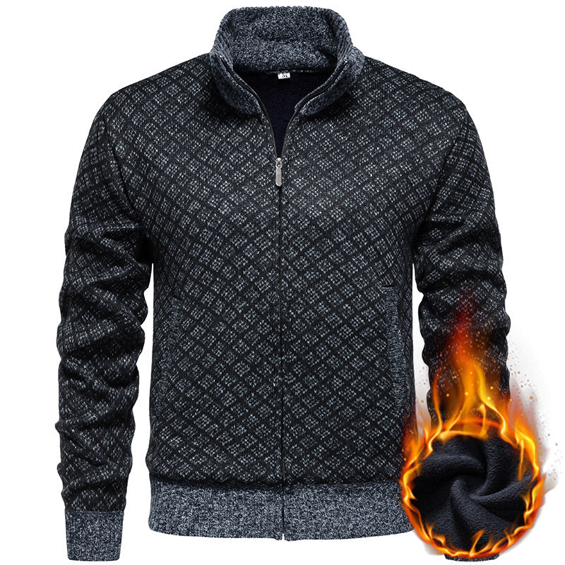 Herren Strickjacke mit modernem Zipper und feinem Karomuster