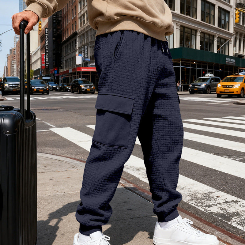 Herren nan Waffelstruktur Cargohose im Joggingstil mit Klappentaschen und elastischem Bund R&B