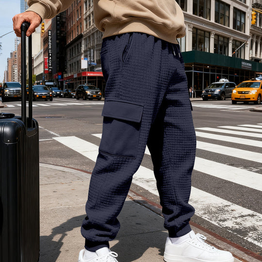 Herren nan Waffelstruktur Cargohose im Joggingstil mit Klappentaschen und elastischem Bund R&B