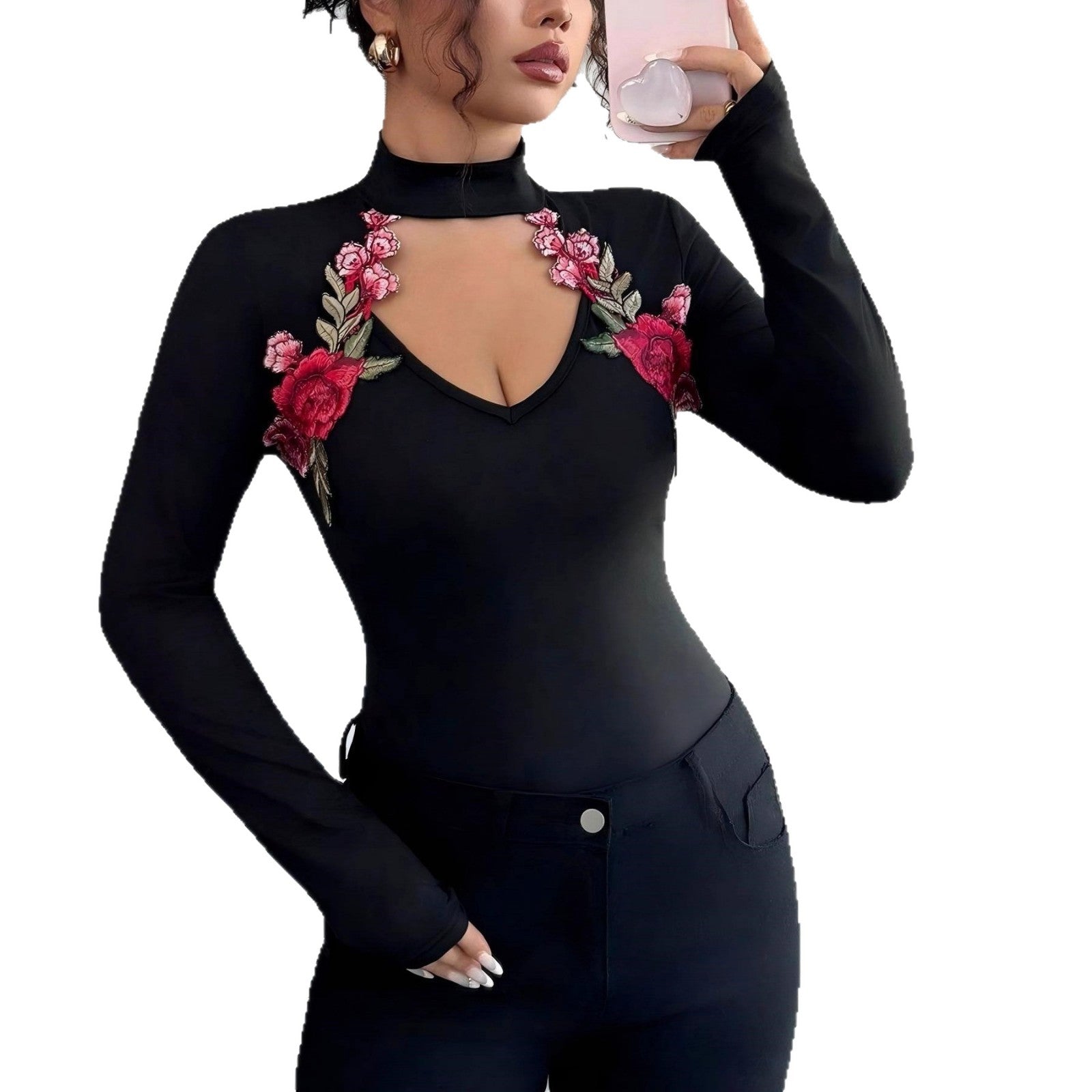 Damen nan taillierter Langarm-Body mit Stehkragen, V-Ausschnitt und floraler Stickapplikation R&B