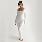 Damen Elegantes langes Kleid mit tiefem U-Ausschnitt und langen Ärmeln R&B