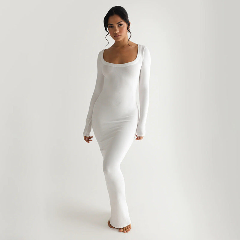 Damen Elegantes langes Kleid mit tiefem U-Ausschnitt und langen Ärmeln R&B