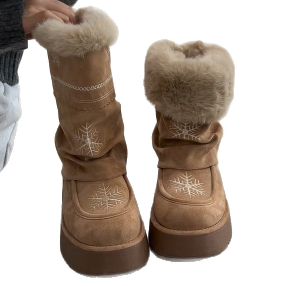 Damen Winterstiefel mit flauschigem Kragen und stilvollen Schneeflocken-Motiven R&B