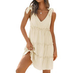 Damen lässiges V-Ausschnitt-Kleid mit Rüschendetails und verstellbaren Trägern R&B
