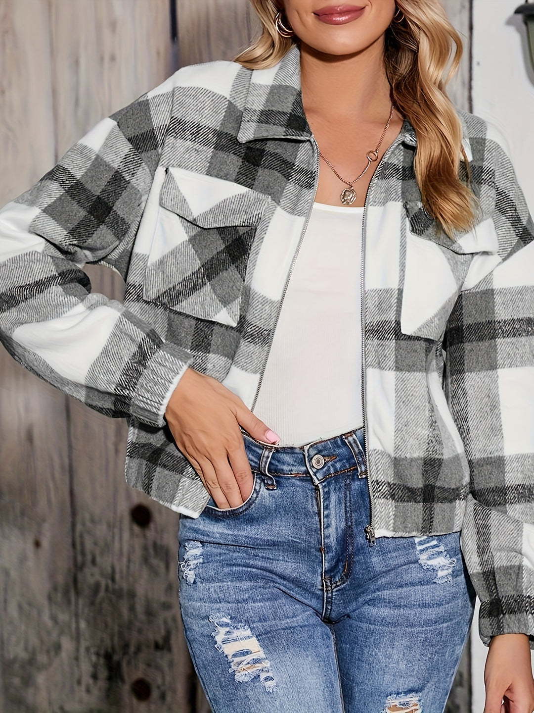 Damen Karierte Oversize-Hemdjacke mit Taschen R&B