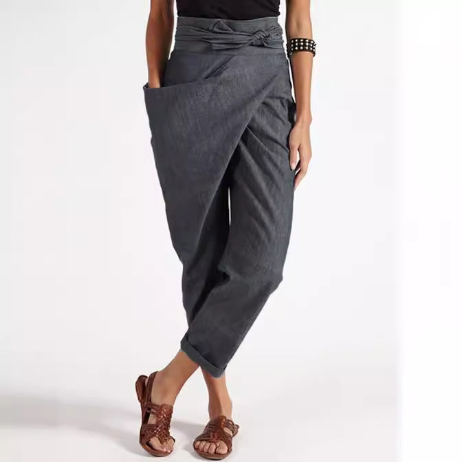Damen nan Wickelhose aus Leinenmix mit hohem Taillenbund, überlappender Vorderseite und großzügiger Eingrifftasche R&B