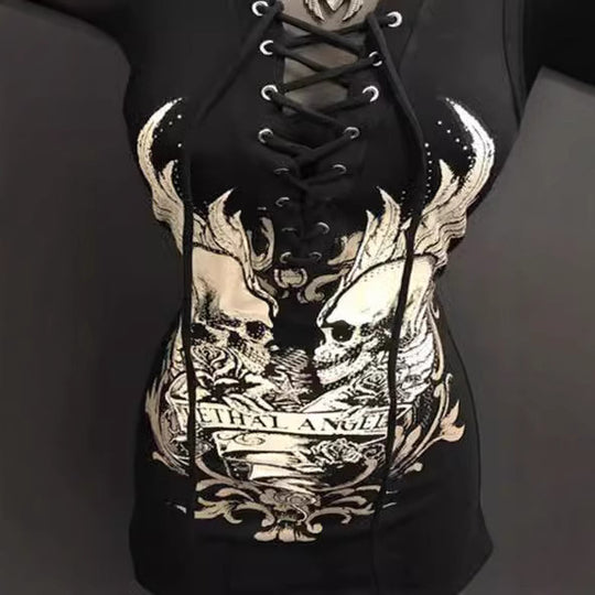 Damen Rockabilly Kleid mit Schnüroptik und grafischem Print R&B