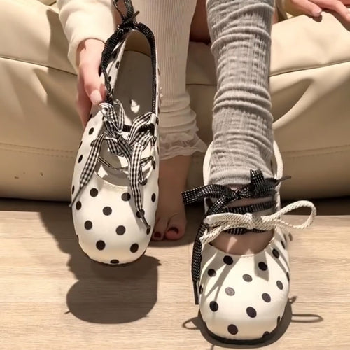 Damen Freizeit-Ballerinas mit modischem Punkte-Design und verstellbaren Schleifen R&B