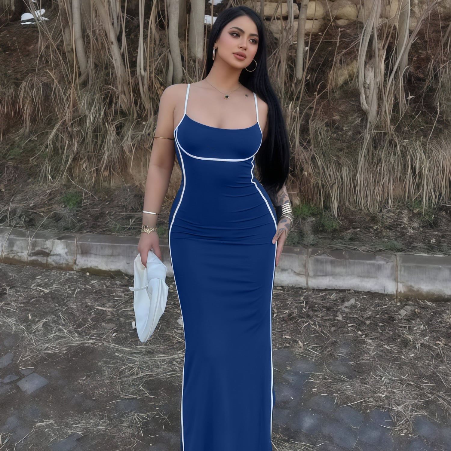 Damen elegantes Maxikleid mit schmalen Trägern und figurformendem Schnitt R&B