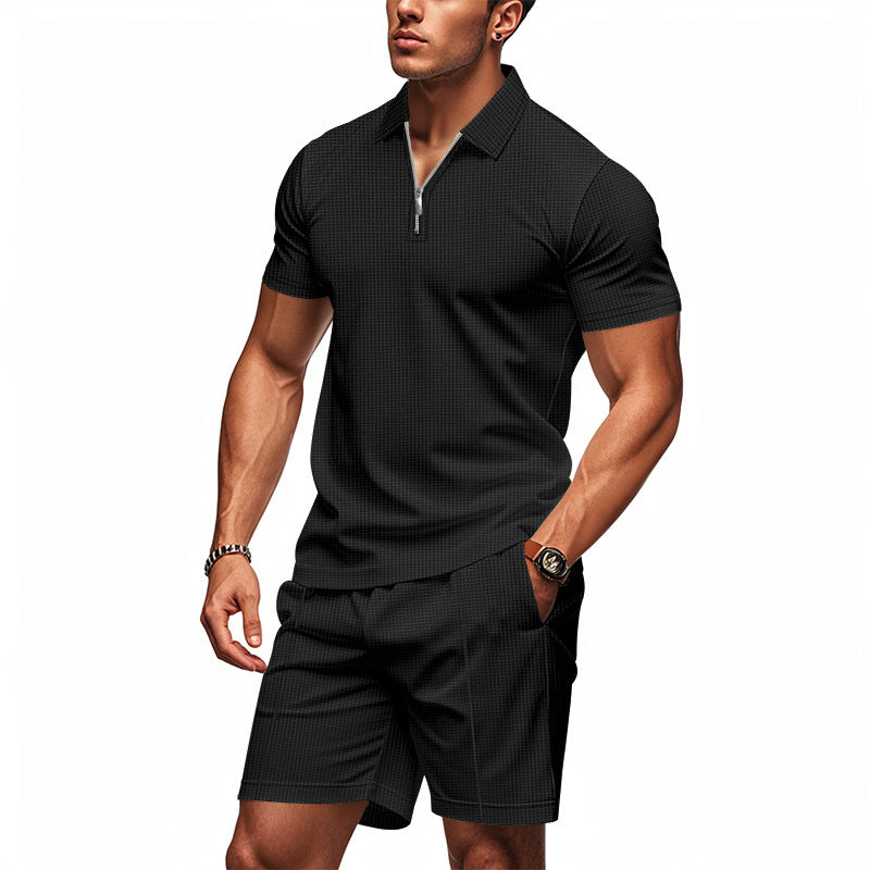 Herren Sportliches Kurzarm-Set mit teils strukturiertem Design und durchgehendem Reißverschluss R&B