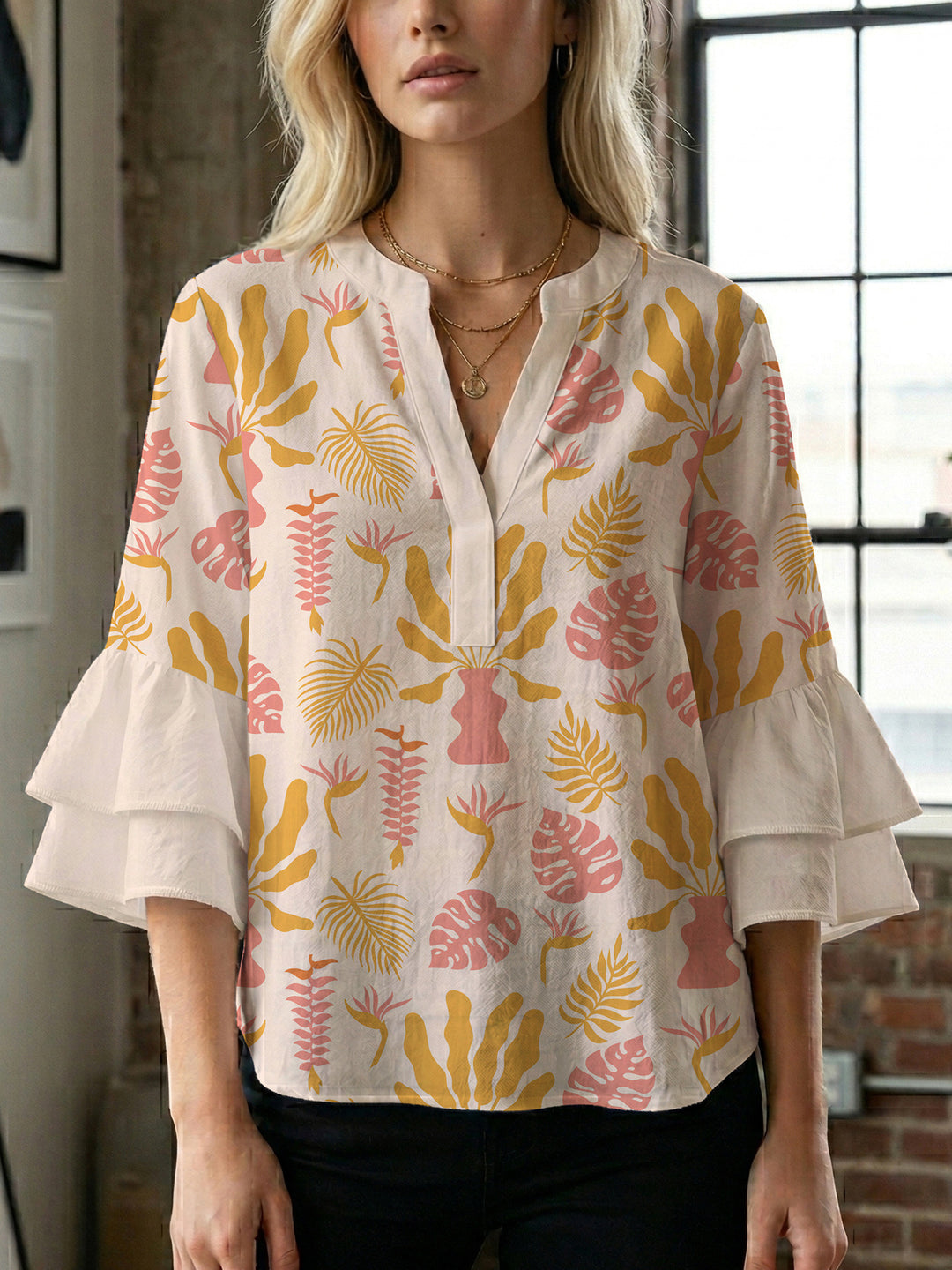 Damen Bluse mit Rüschendetails und auffälligem Animal-Print R&B