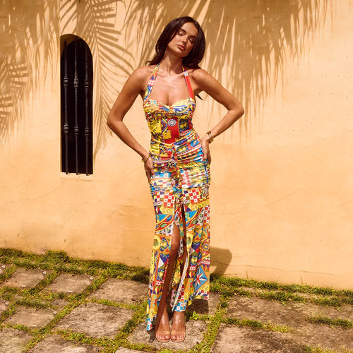 Damen Sommerliches Maxikleid mit buntem Druck und aufregendem Schlitz R&B