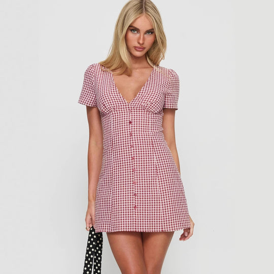 Damen Kurzärmeliges Kleid mit V-Ausschnitt und Knopfleiste R&B