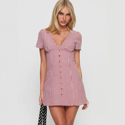 Damen Kurzärmeliges Kleid mit V-Ausschnitt und Knopfleiste R&B