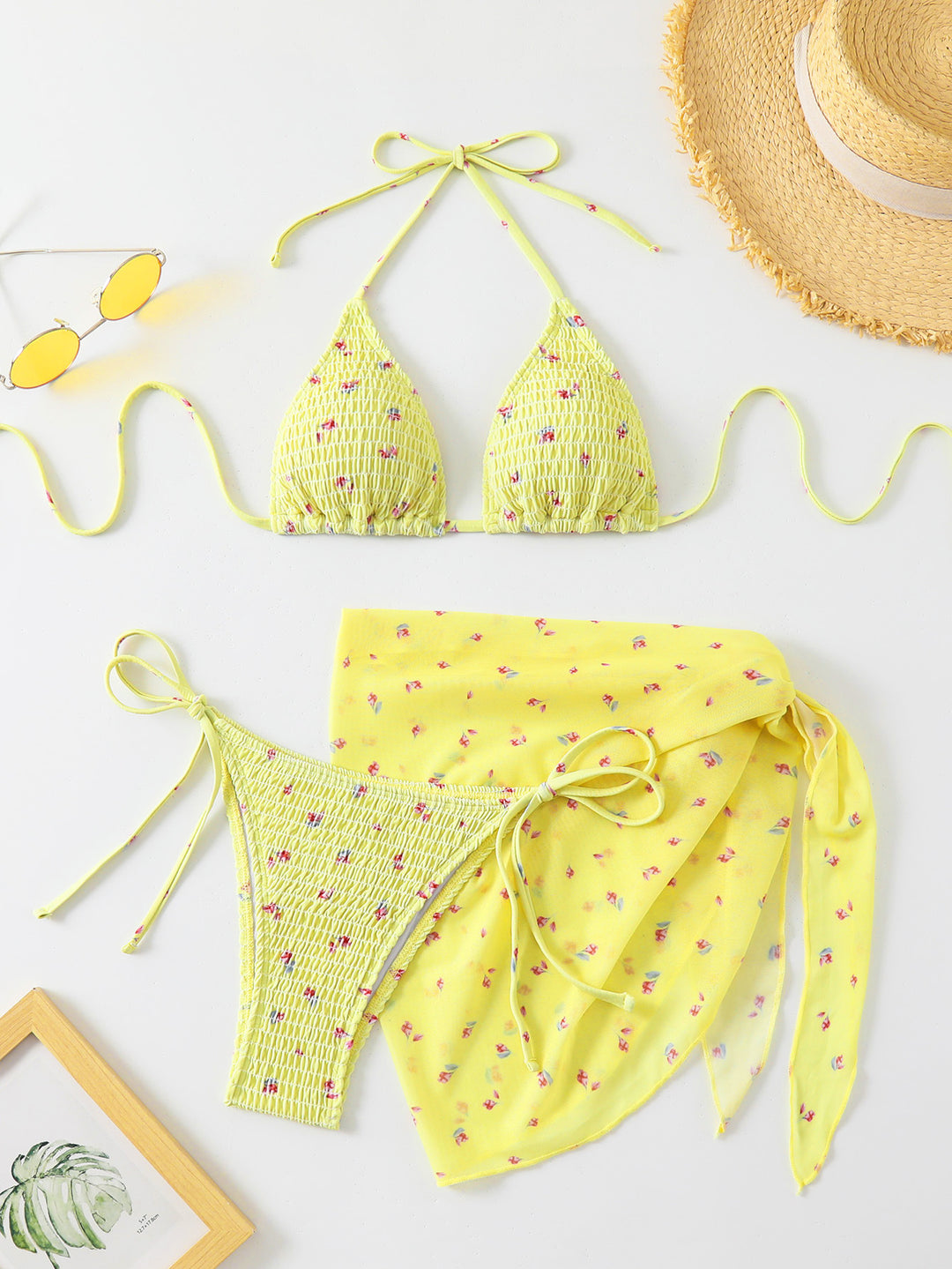 Damen Triangel-Bikini-Set mit floralem Detail und verspieltem Wickelrock R&B