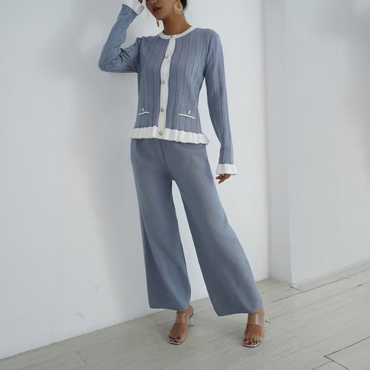 Damen elegantes Strick-Loungewear-Set mit dekorativen Details R&B
