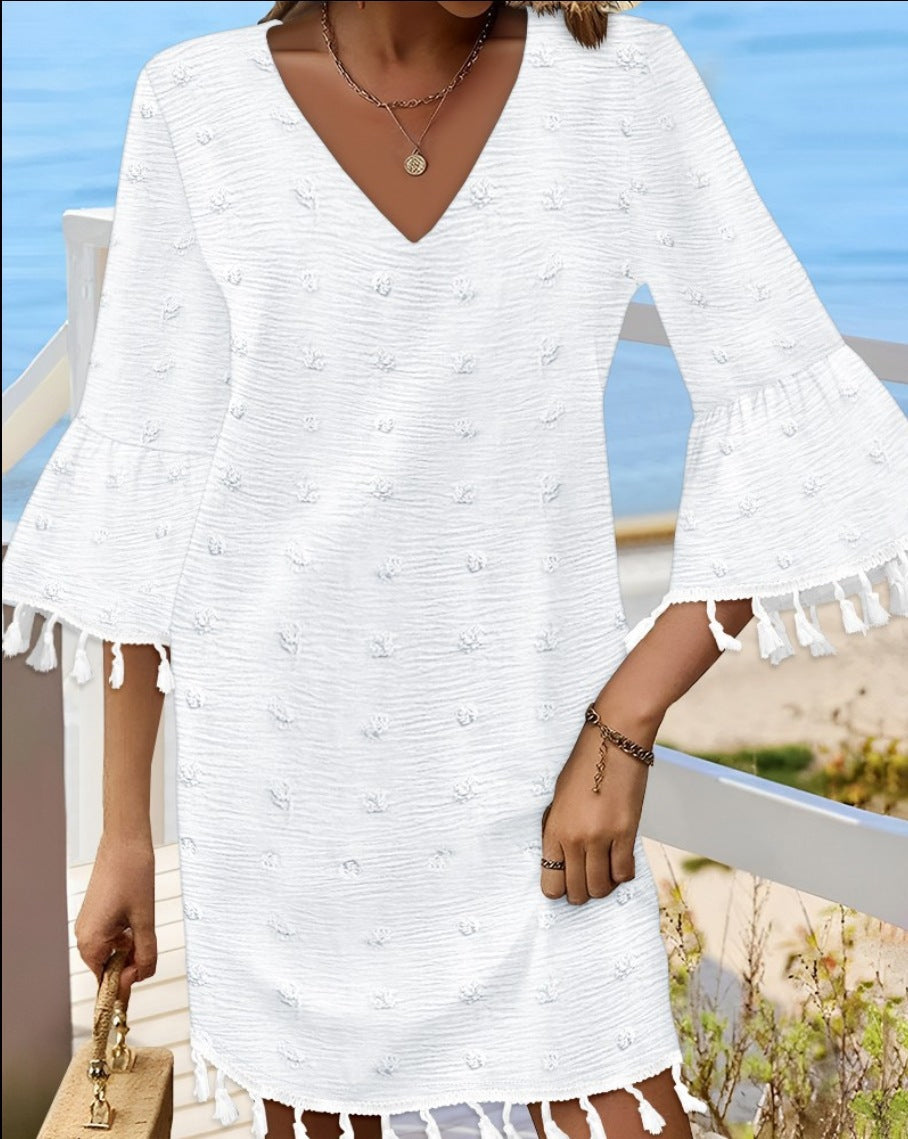Damen Strandkleid mit elegantem V-Ausschnitt und dekorativen Fransen R&B