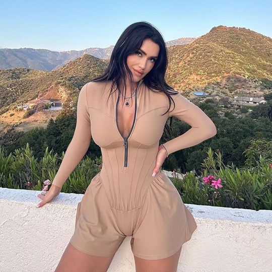 Damen Sportlicher Jumpsuit mit tiefem V-Ausschnitt und dekorativem Reißverschluss R&B