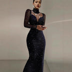 Damen Elegantes Abendkleid mit transparenten Ärmeln und schimmerndem Sternenmuster R&B