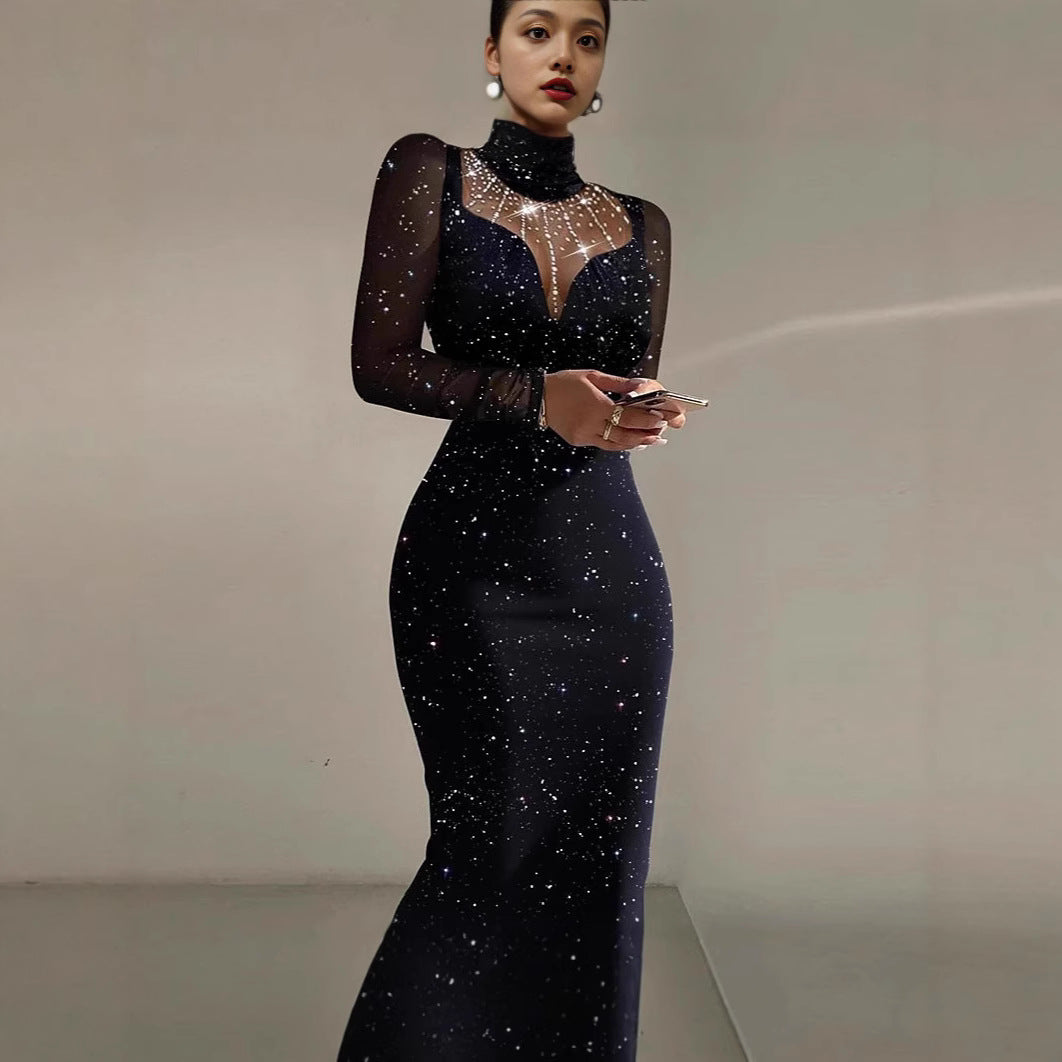 Damen Elegantes Abendkleid mit transparenten Ärmeln und schimmerndem Sternenmuster R&B