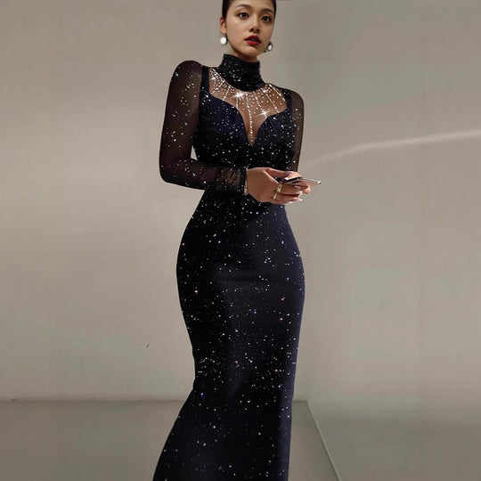 Damen Elegantes Abendkleid mit transparenten Ärmeln und schimmerndem Sternenmuster R&B