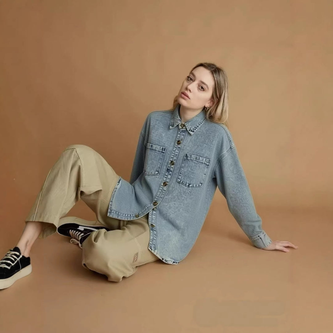 Damen Oversized Denim-Hemd mit aufgesetzten Taschen R&B