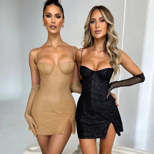 Damen Glamouröses Minikleid mit schimmerndem Oberteil und taillierter Silhouette R&B