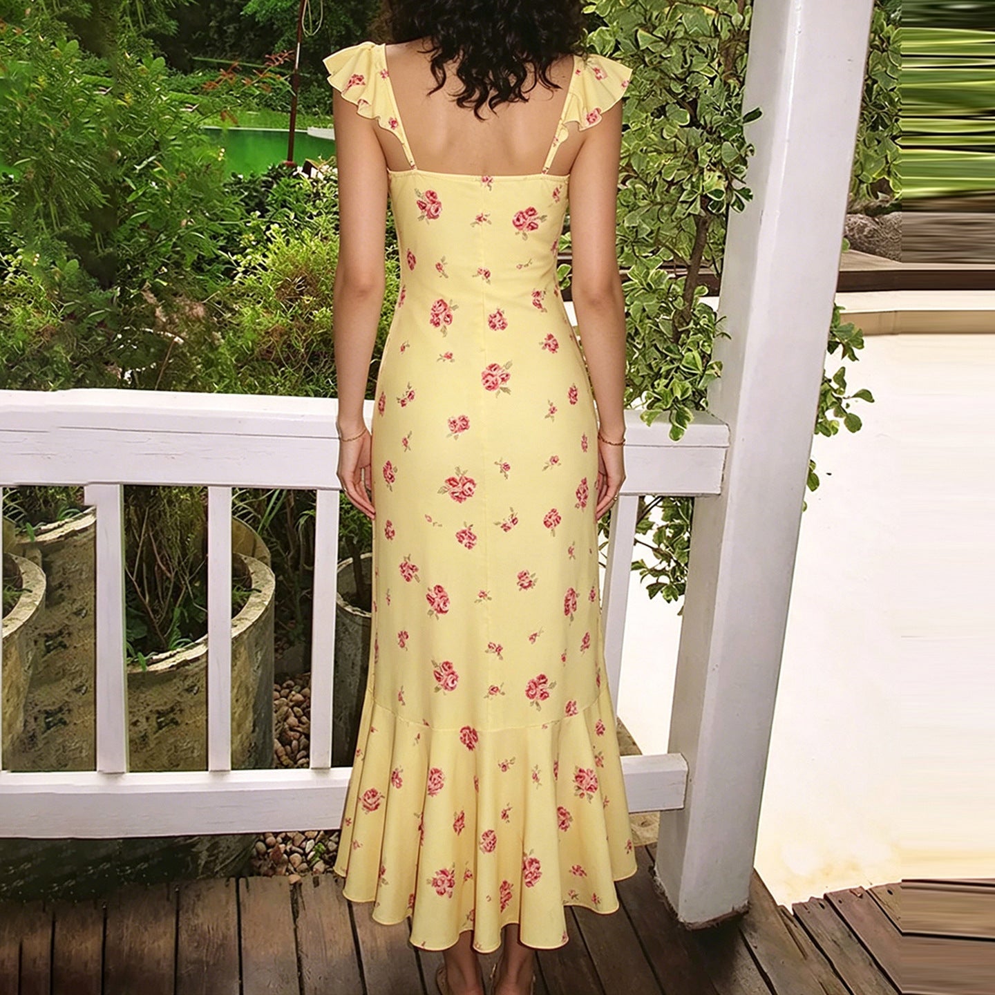 Damen Maxikleid mit floralen Rüschen und elegantem Schnitt R&B
