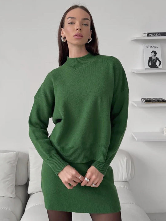 Damen kuscheliges Strickensemble mit hochgeschlossenem Design und ausgestelltem Rock R&B