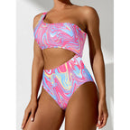 Damen One-Shoulder Bikini-Set mit buntem Muster und hohem Beinausschnitt R&B