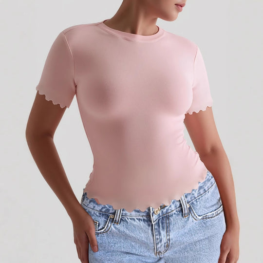 Damen Kurzarm-T-Shirt mit geschwungenen Säumen und figurbetonter Passform R&B