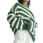 Damen gestreifter Grobstrickpullover mit lässigem Schnitt und weitem Arm R&B