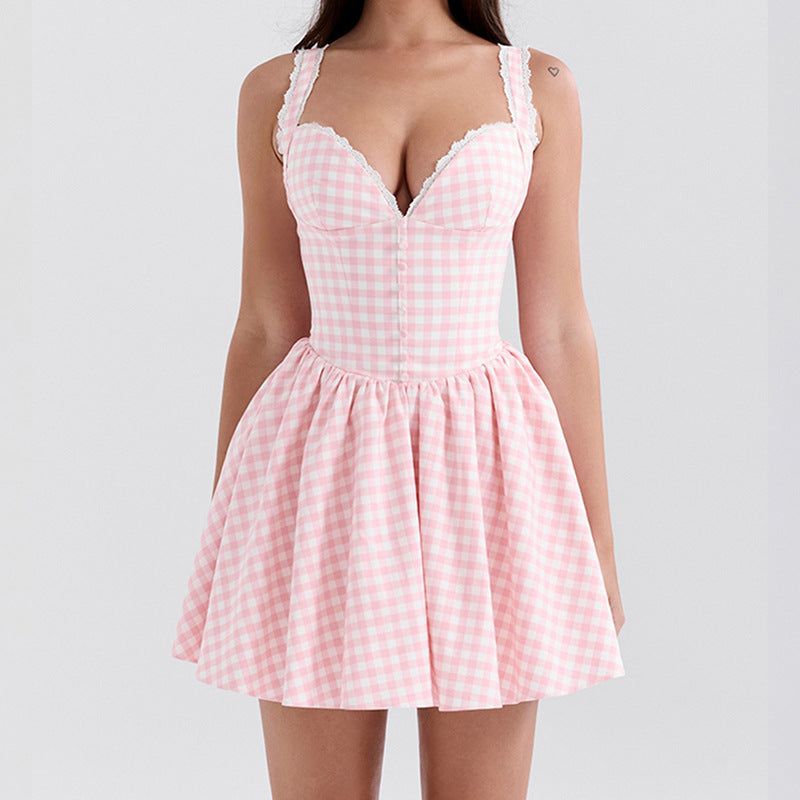 Damen verspieltes Vokuhila Kleid mit Spitzenborte und Karomuster R&B