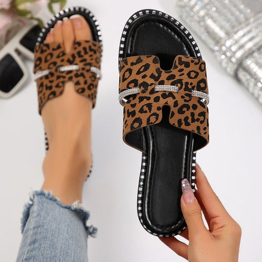 Damen bequeme Slides mit modischem Leopardenmuster und funkelnden Akzenten R&B