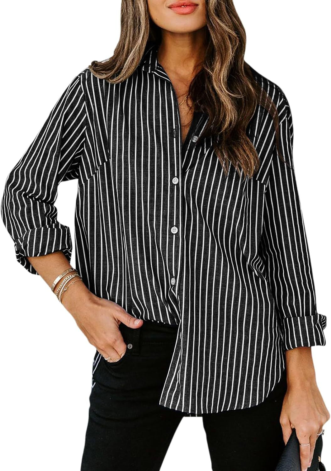 Damen gestreifte Bluse mit klassischem Kragen und lässigem Schnitt R&B