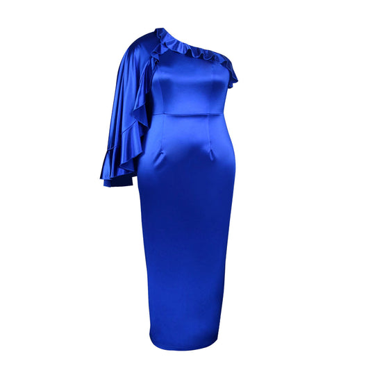 Damen elegantes Abendkleid mit asymmetrischem Rüschärmel R&B