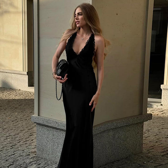 Damen elegantes langes Kleid mit verführerischem Spitzendetail und tiefem Ausschnitt R&B